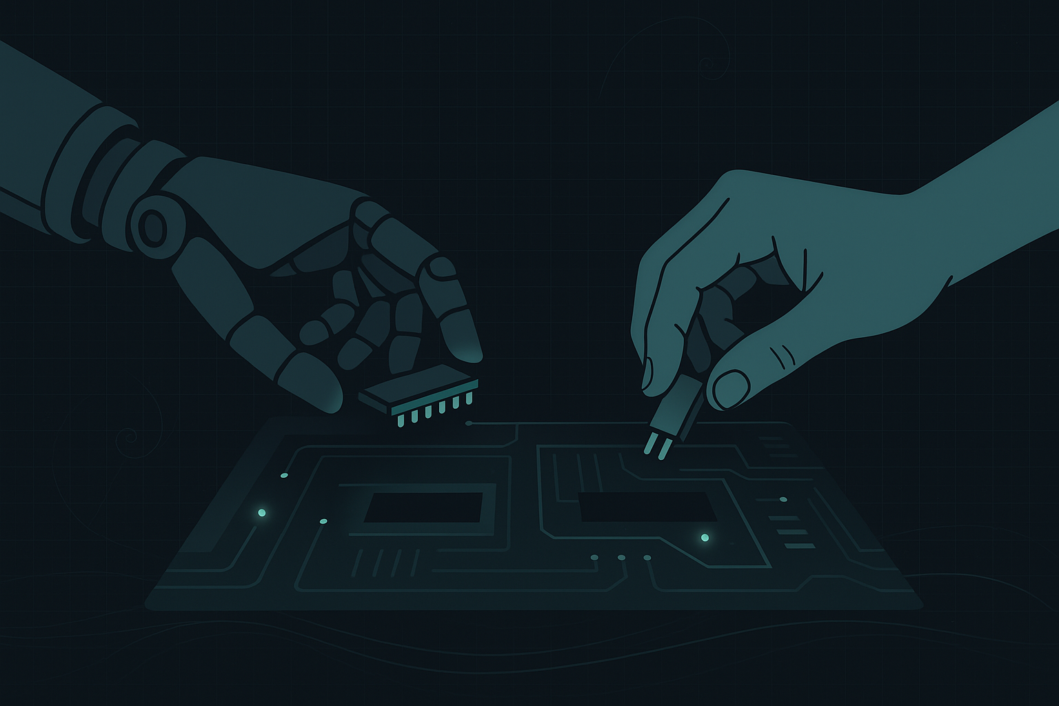 Abstract gears in green on a dark navy background, symbolizing AI and human engineering synergy.