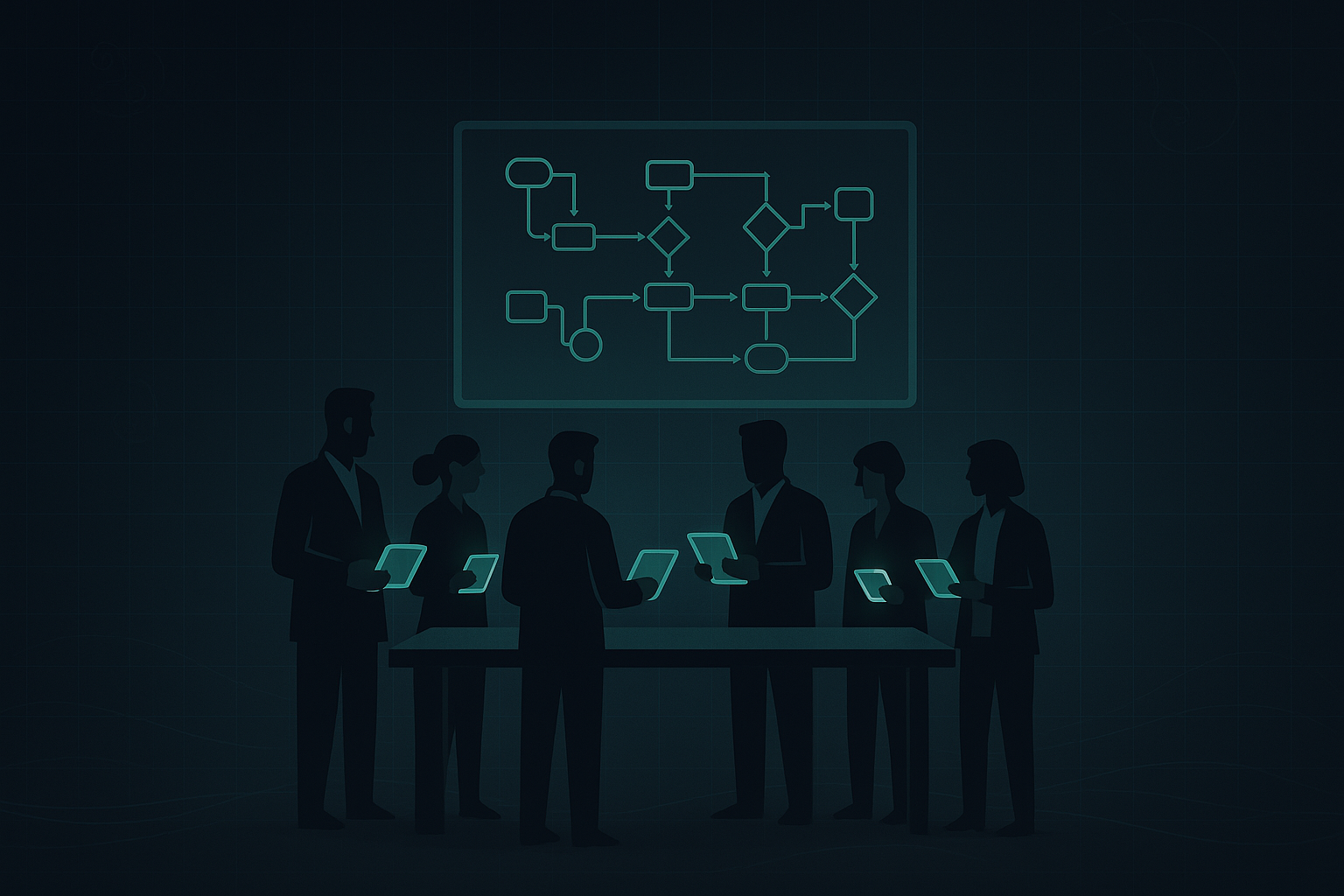 Abstract spiral staircase blueprint ascending into a digital cloud, in dark-mode vector style with muted cyan and green accents.
