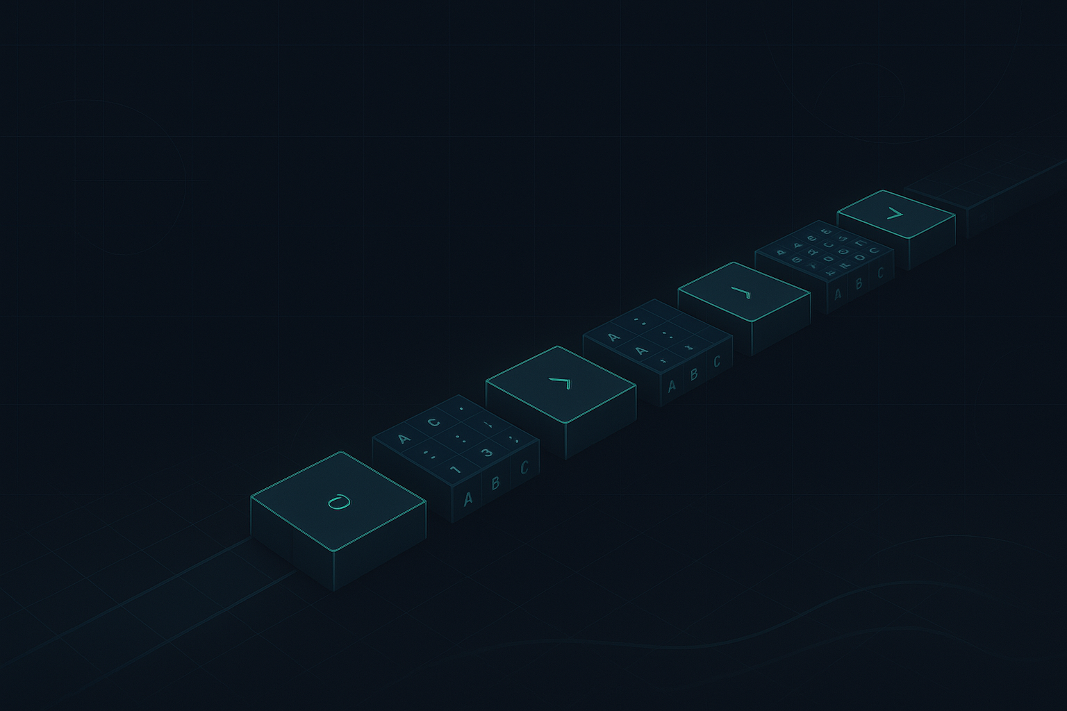 A linear path of rectangles with alphanumeric panels, symbolizing a digital platform journey.