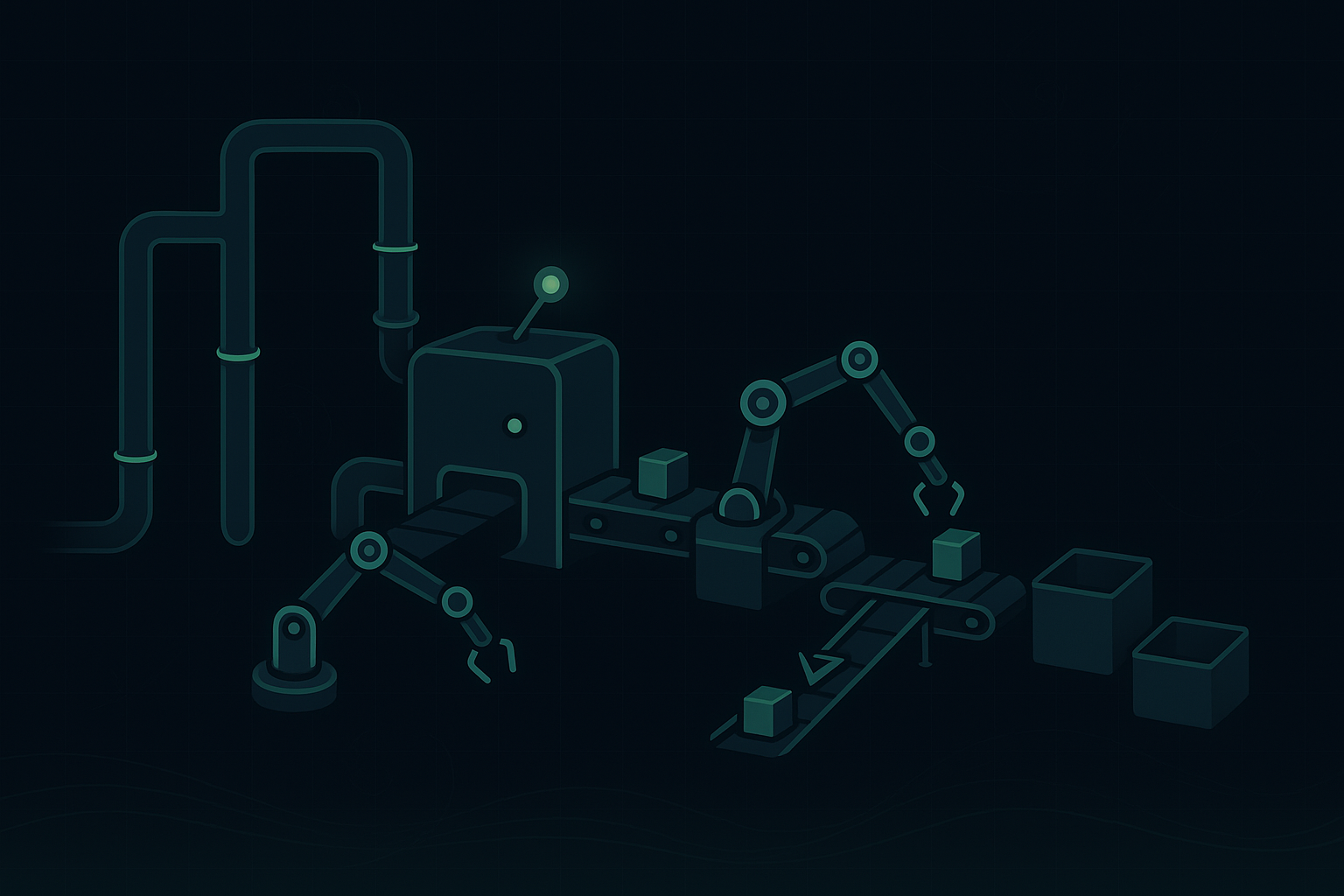 Interconnected pipes and modules symbolize scaling from 10 to 100 engineers in a structured system.