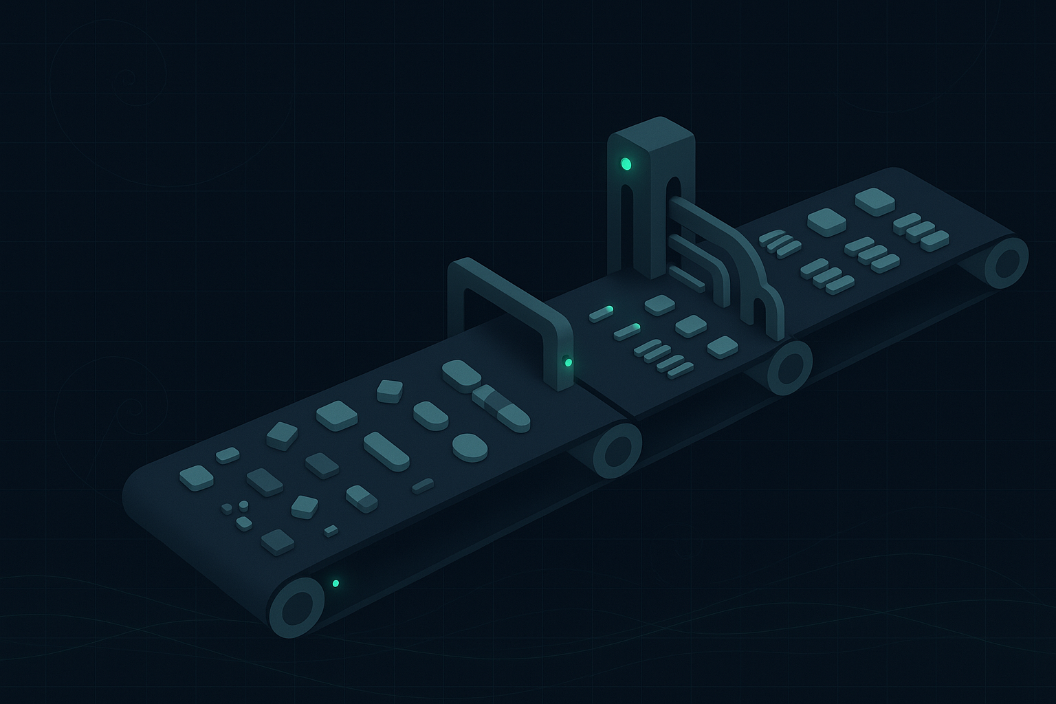 Conveyor belt sorting components into organized rows, illustrating lean engineering principles.