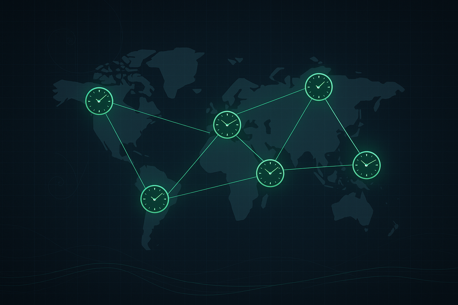 World map with clocks showing synchronized meeting times for remote engineering teams.