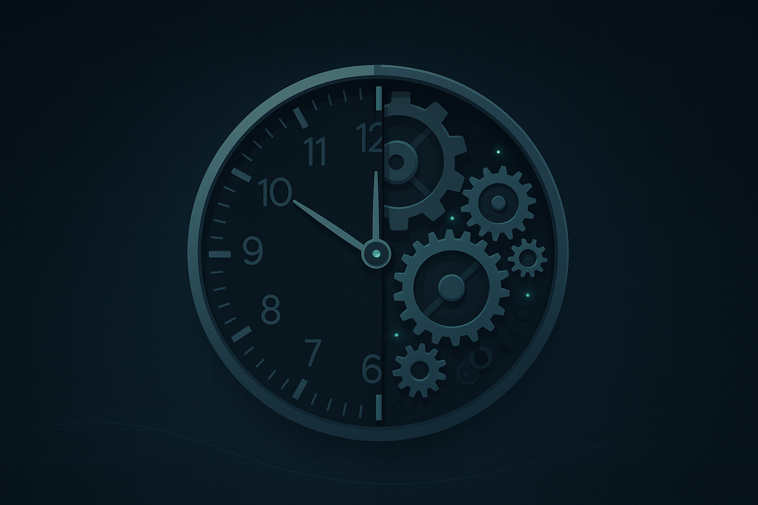 Clock split: half with numerals and hands, half with gears, symbolizing speed vs. quality.