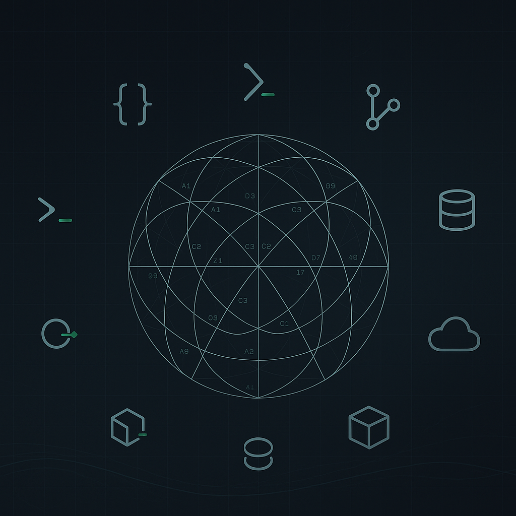 A lattice sphere with labeled segments, encircled by programming and development tool icons.